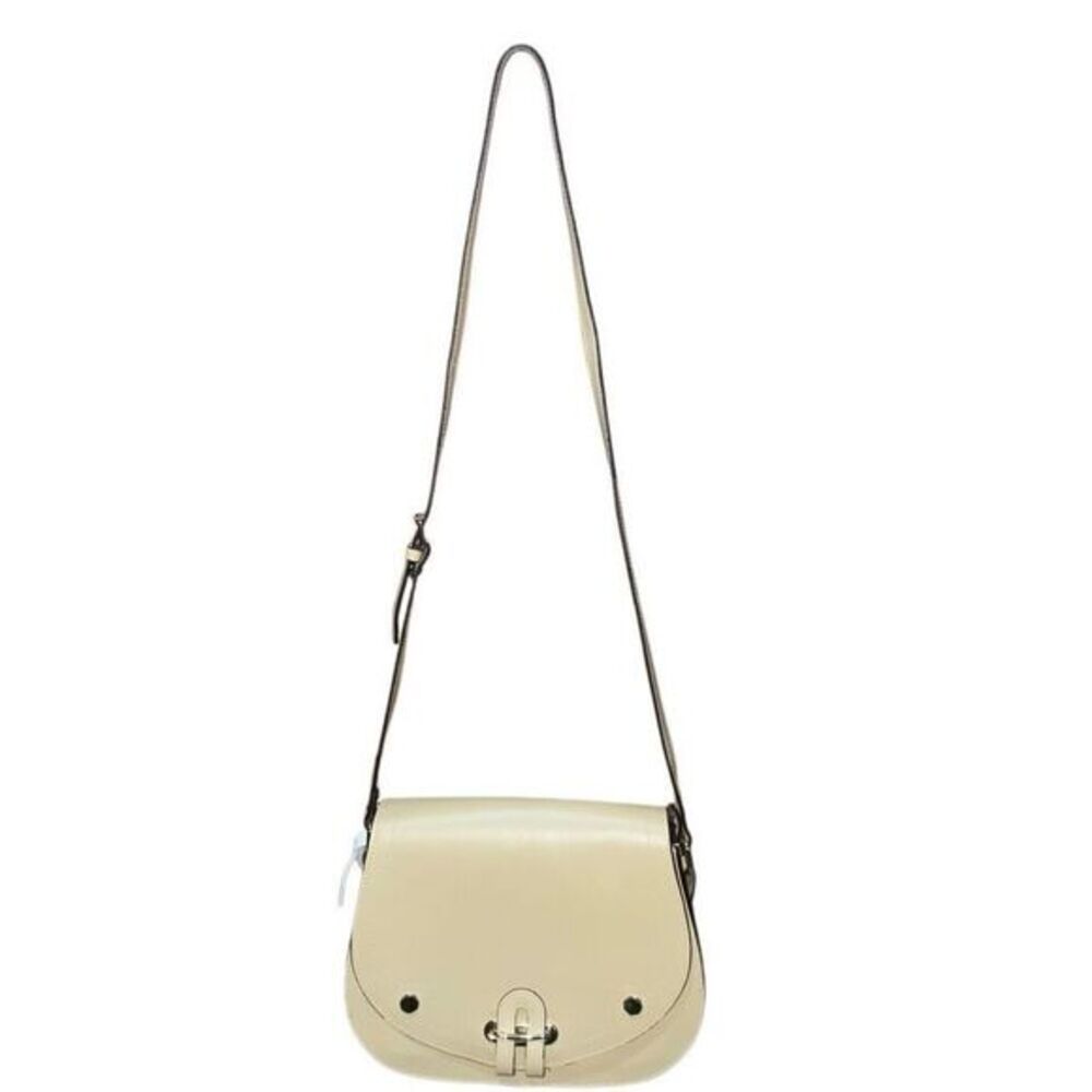 Angela Roy Vegan Leather Crossbody Bag Beige Saddle Style Gold Tone Hardware